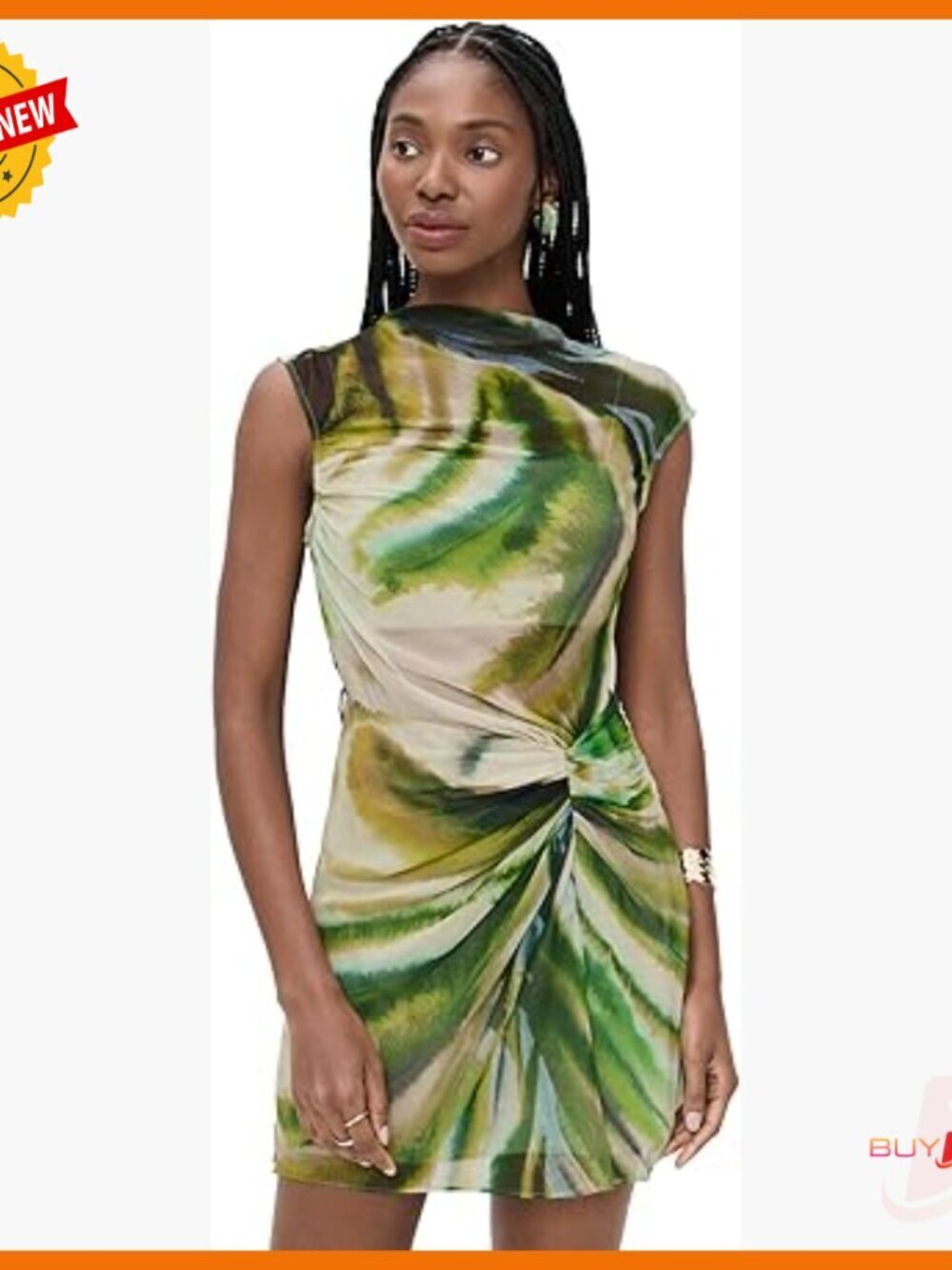 Sheer Chiffon Mini Dress with Abstract Print and Ruching Front